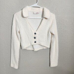 SO Sweater Womens Cropped Button-Up Cardigan Faux Fuzzy Knit Small White
